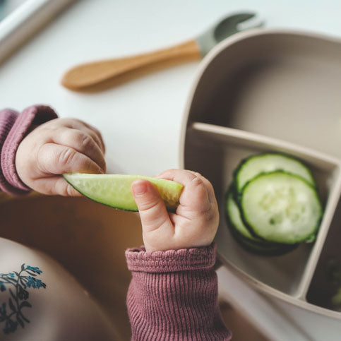 Close-up of a toddler's hands holding a slice of cucumber. A lunchbox with more cucumber slices and a wooden spoon is visible in the background.