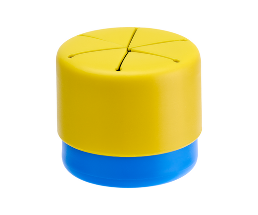 A snack cup with blue underneath and yellow on the lid