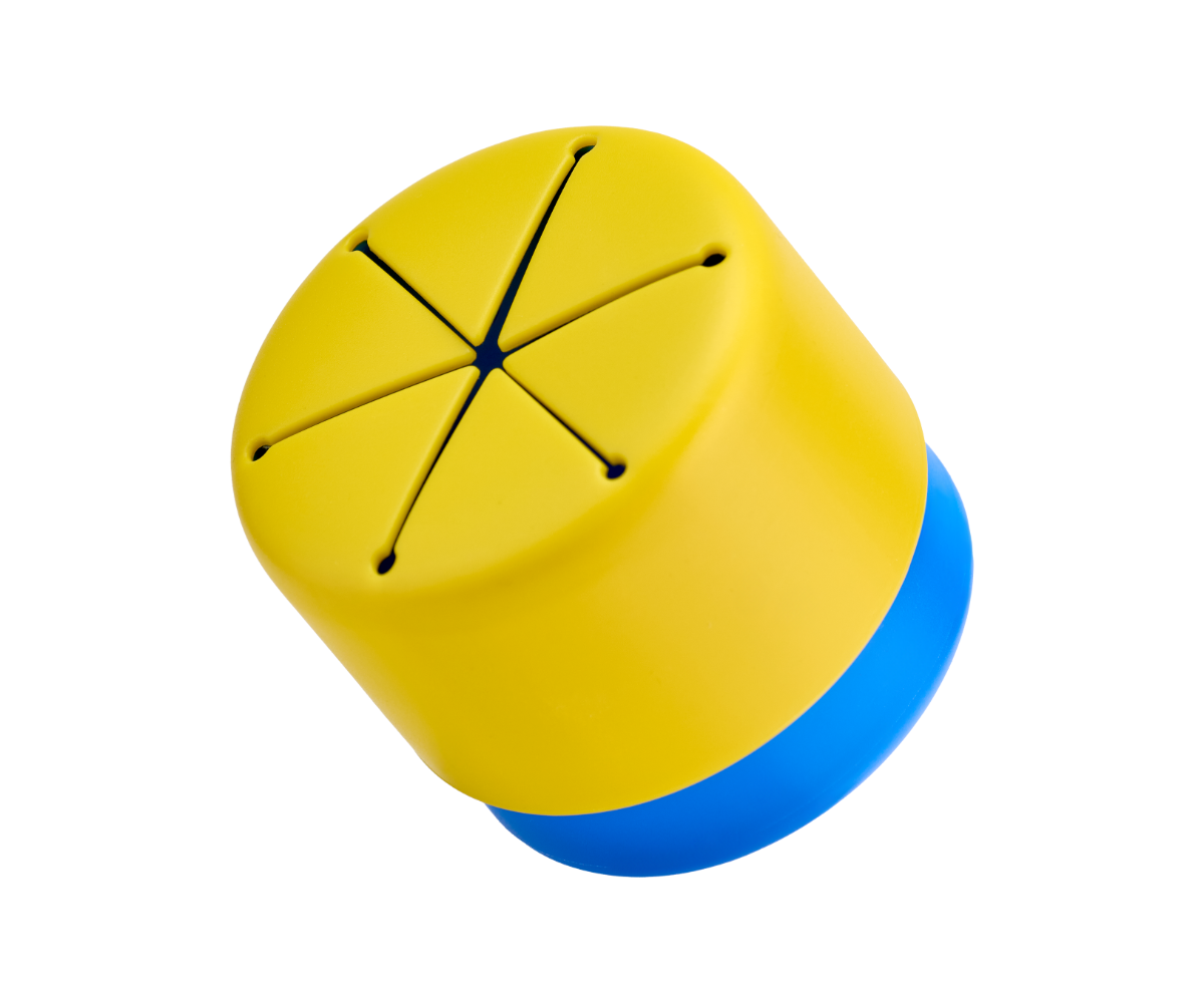 Tilted snack cup with blue underneath and yellow lid